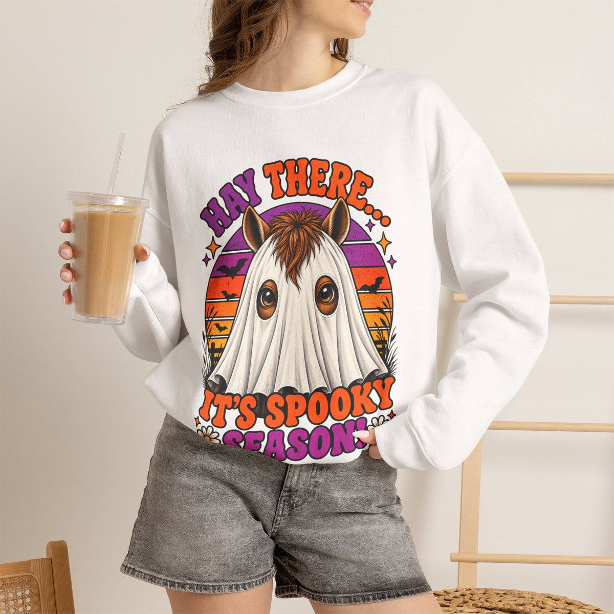 Hay There, It's Spooky Season! Ghost Horse Halloween Sweatshirt Funny Equestrian Crewneck