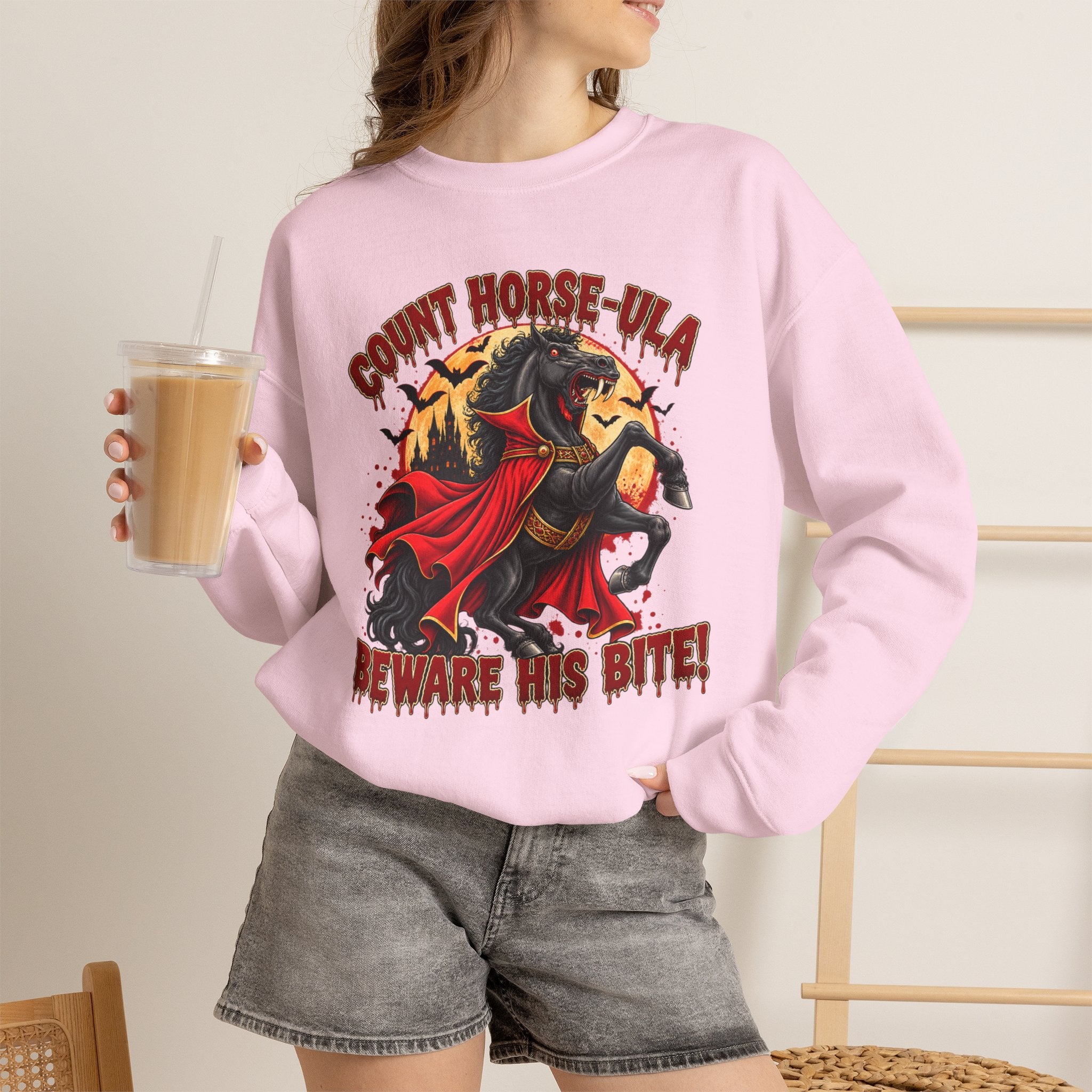 Count Horse-ula Halloween Sweatshirt Vampire Horse Crewneck, Beware His Bite
