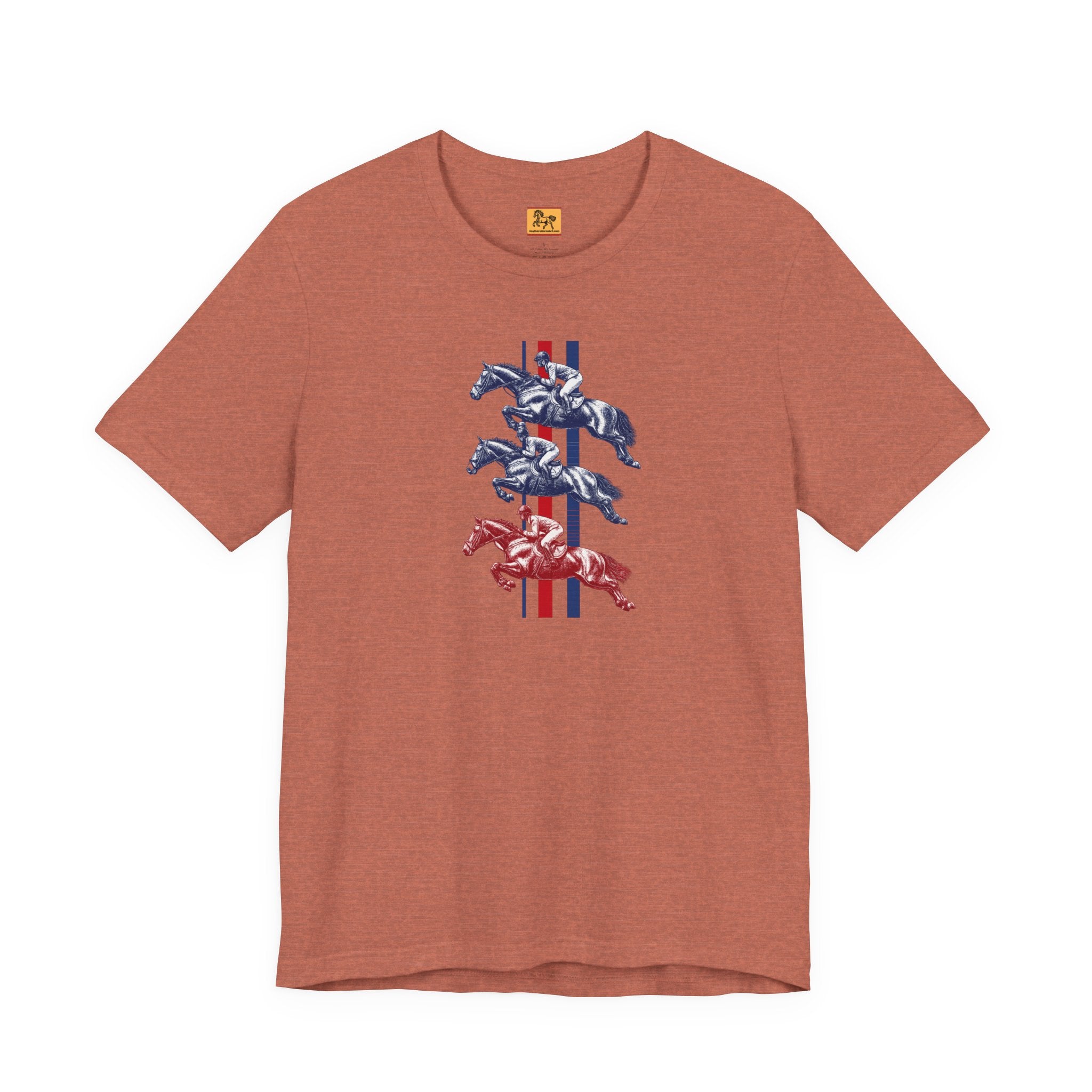 Vintage Show Jumping Horses T‑Shirt UK Red White Blue Equestrian Tee for Riders & Owners
