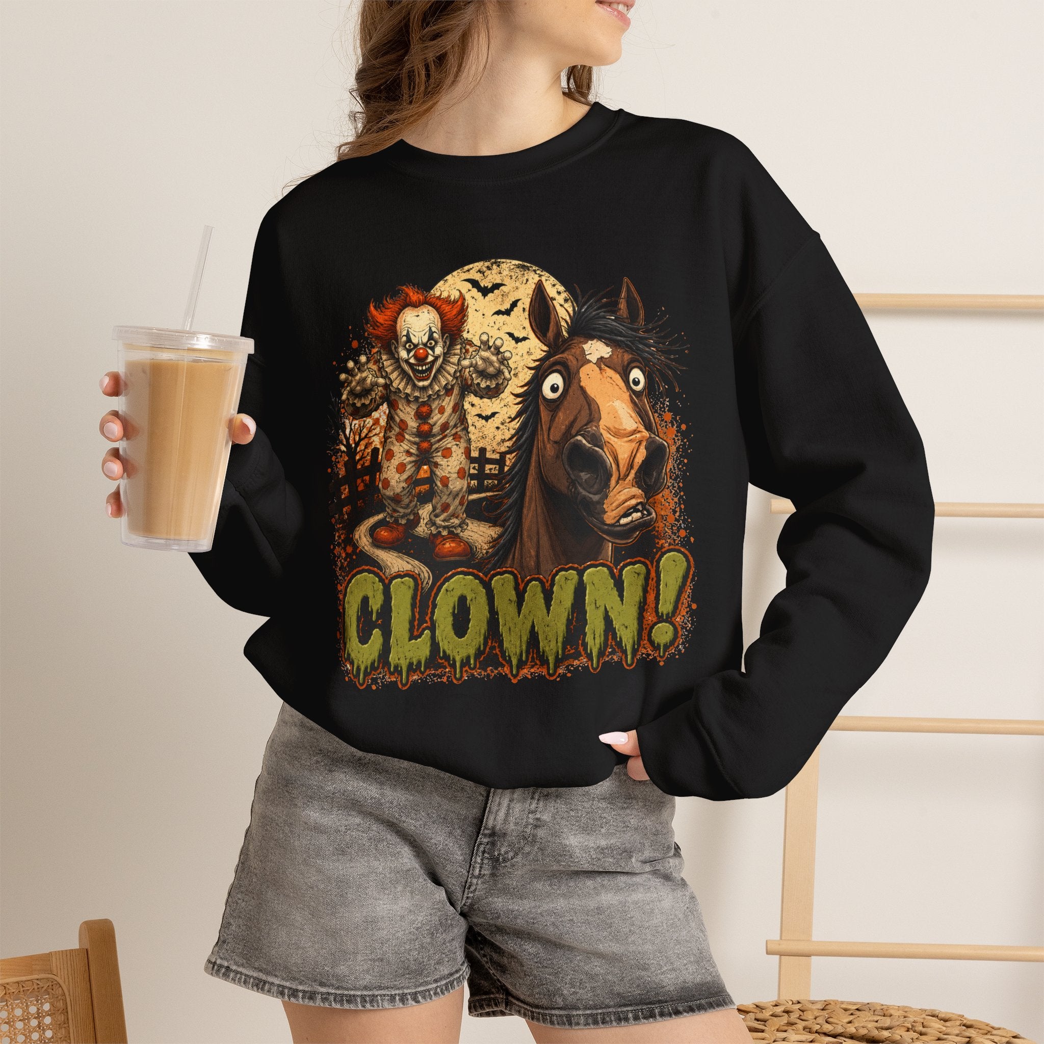 Clown! Creepy Carnival Horse Halloween Sweatshirt Funny Spooked Pony Crewneck
