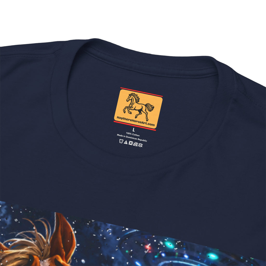 Navy blue t-shirt with a colorful graphic design of a horse taking a selfy with a UFO on the front.  Showing a brand label on the back of the neck for Haytherehorseart.com.