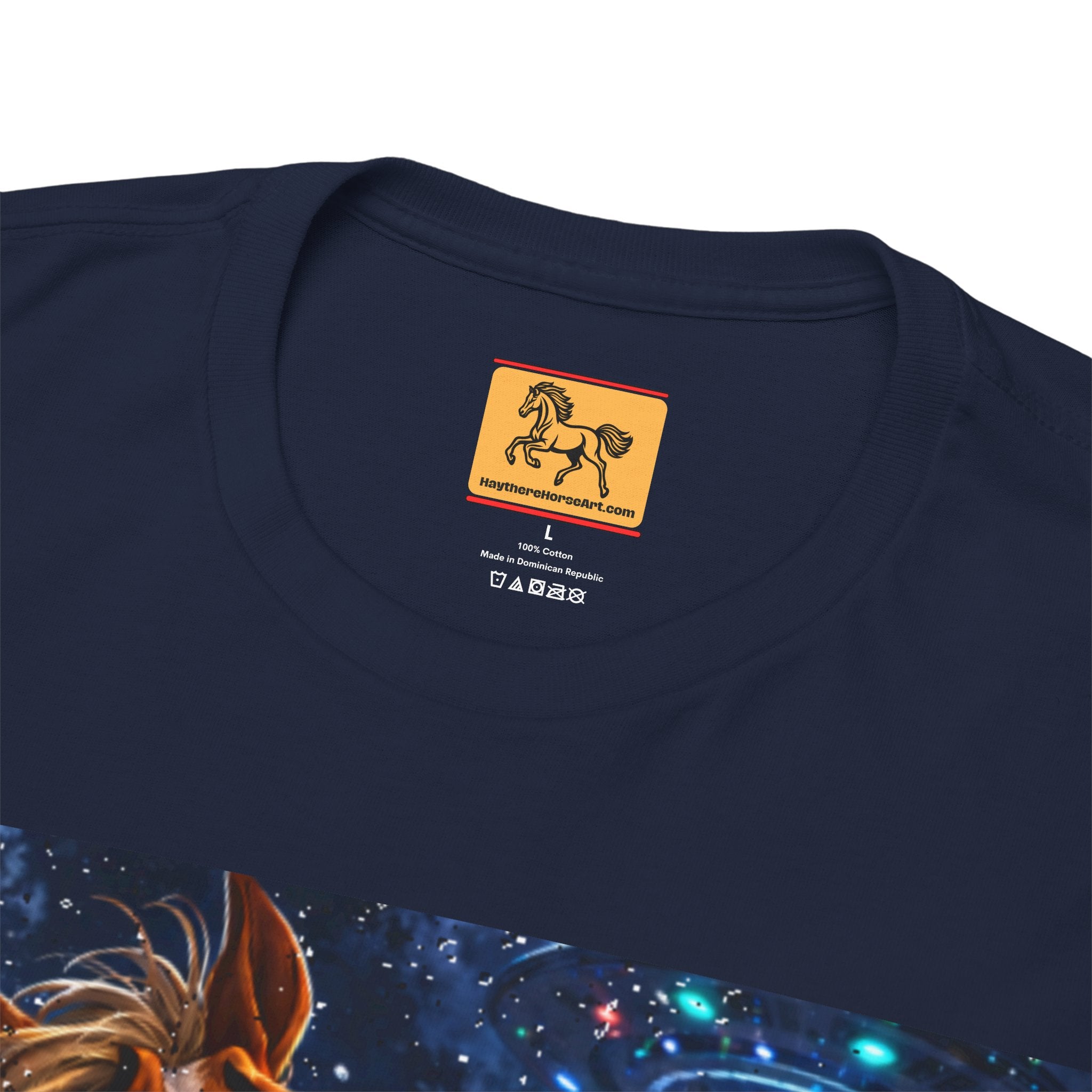 Navy blue t-shirt with a colorful graphic design of a horse taking a selfy with a UFO on the front.  Showing a brand label on the back of the neck for Haytherehorseart.com.