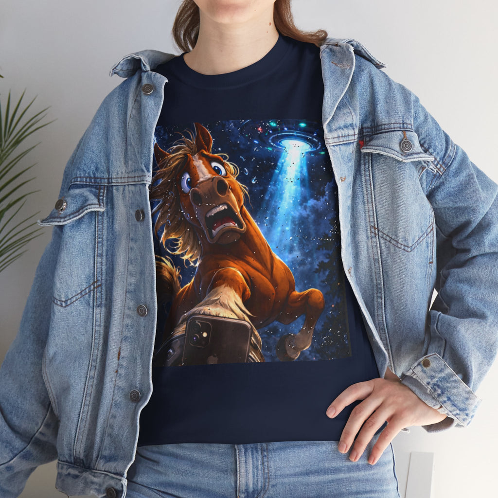 Person wearing a navy t-shirt with a horse taking a selfy with a UFO graphic. Wearing a denim jacket.  Funny Tee.