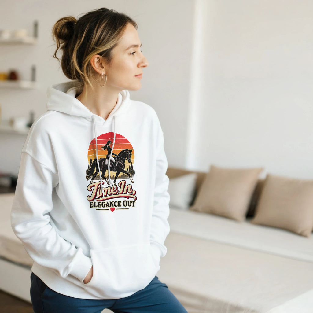 Time In, Elegance Out retro sunset dressage hoodie by Hay There Horse Art, view 17