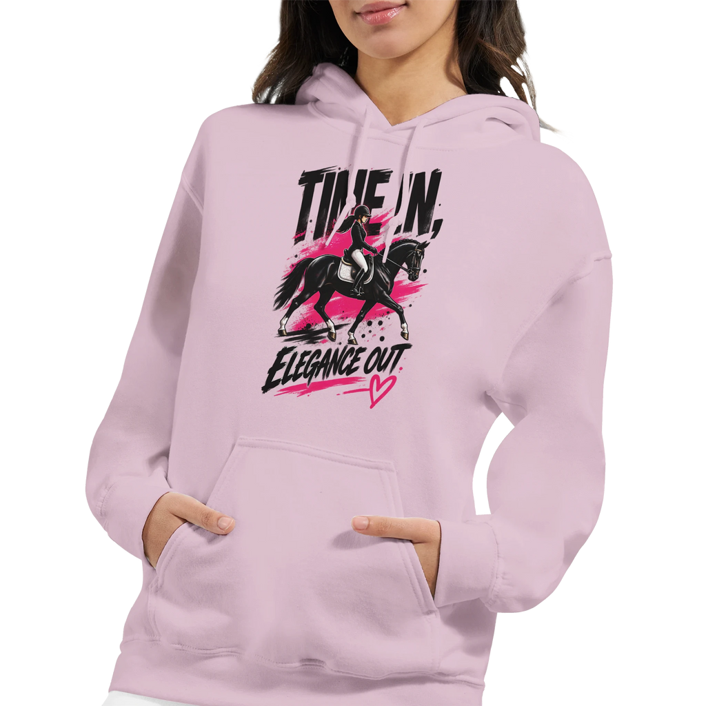 Light pink Time In, Elegance Out grunge dressage hoodie by Hay There Horse Art, view 12