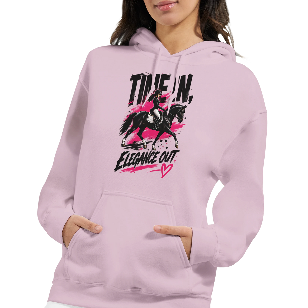 Light pink Time In, Elegance Out grunge dressage hoodie by Hay There Horse Art, view 12