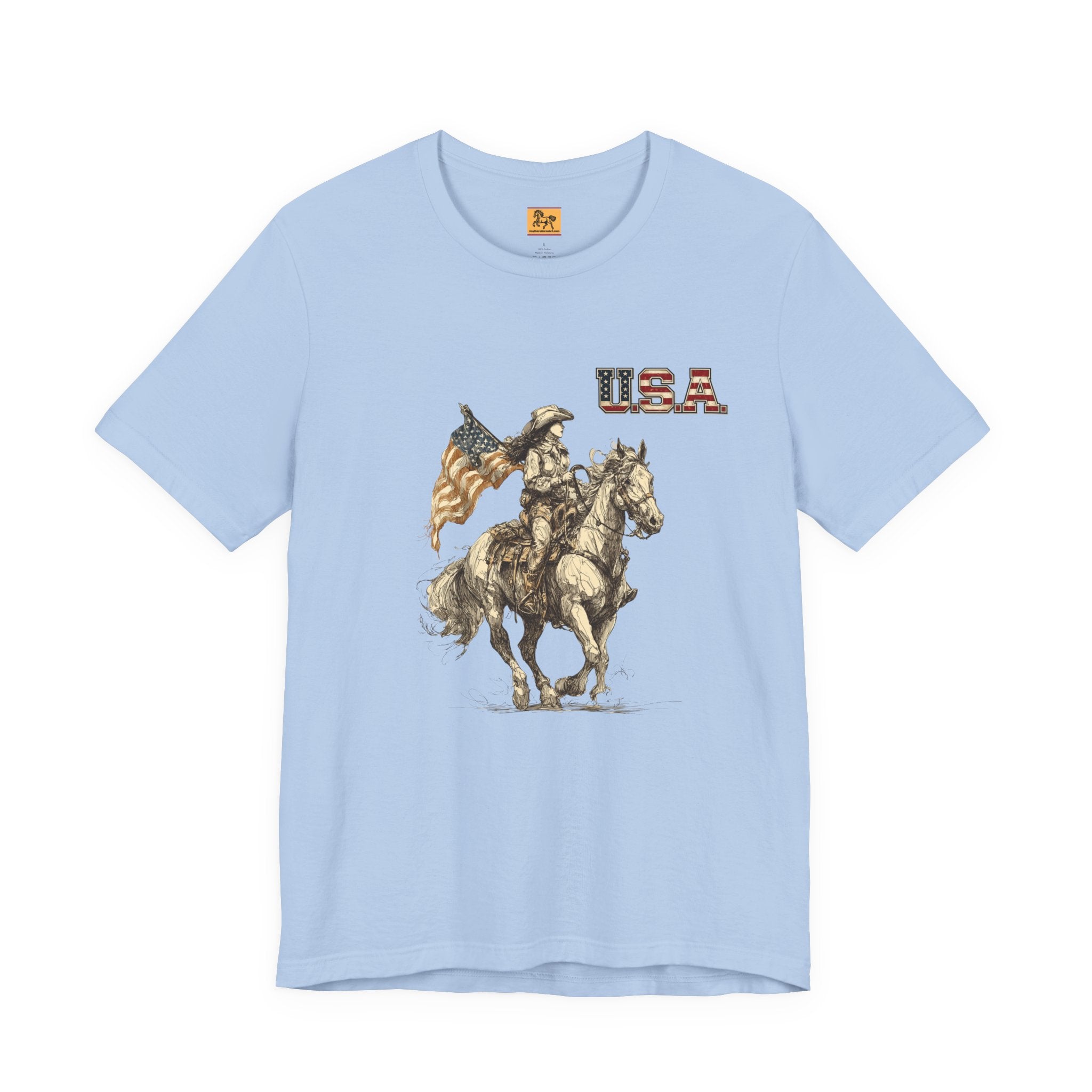 USA Flag & Cowgirl Rider T-Shirt | Patriotic Cowgirl on Horse Graphic Tee