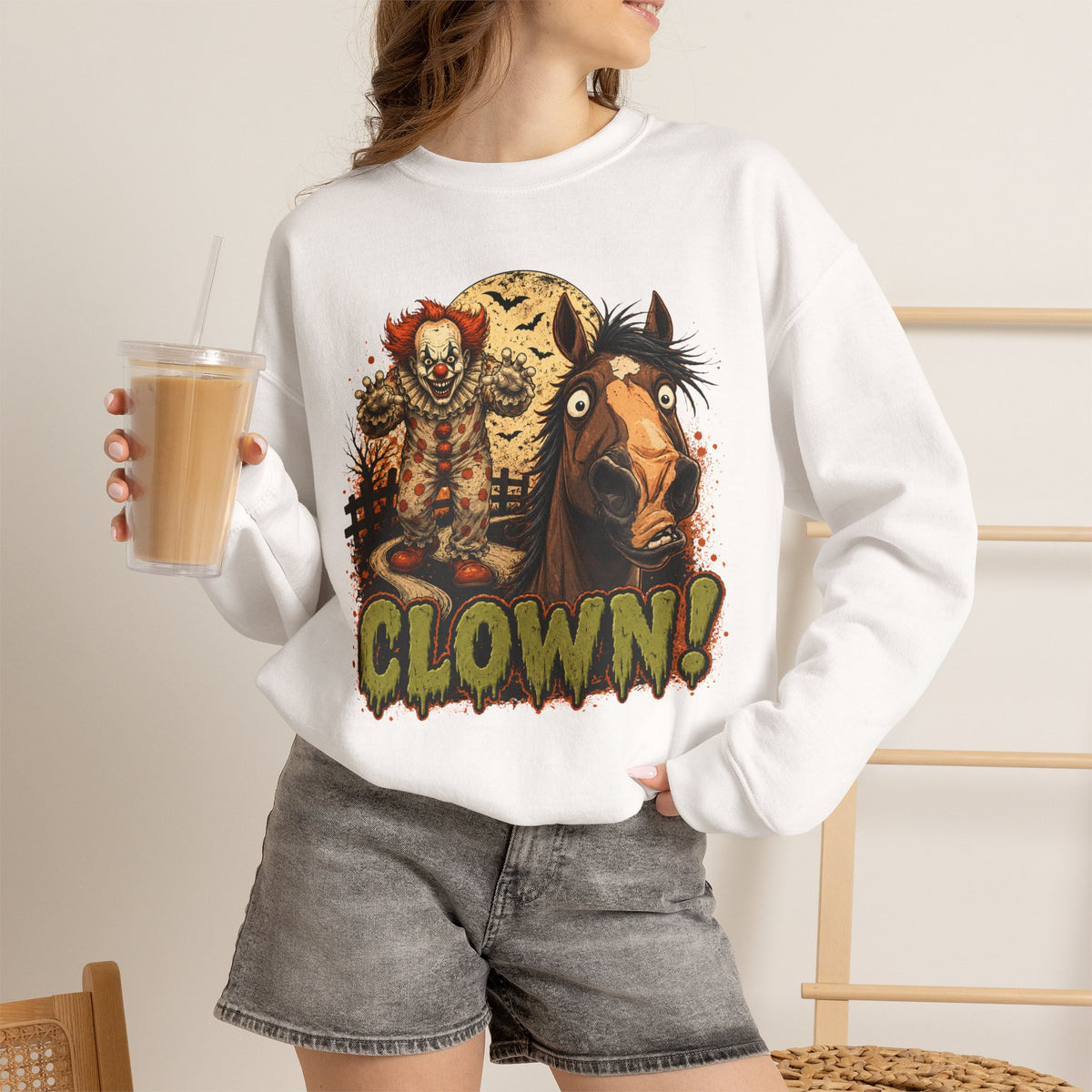 Clown! Creepy Carnival Horse Halloween Sweatshirt Funny Spooked Pony Crewneck