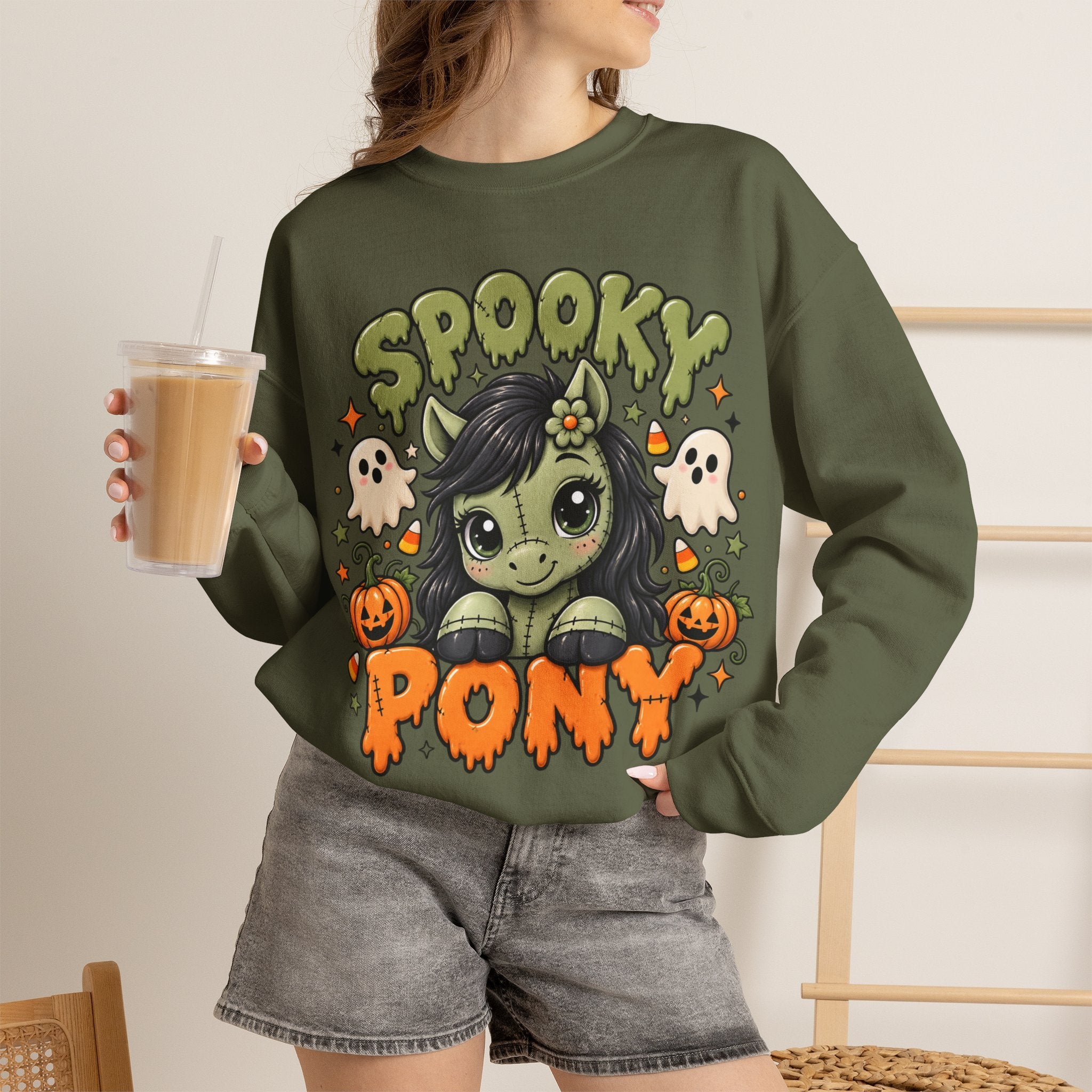 Spooky Pony Cute Halloween Sweatshirt Kawaii Stitched Pony Crewneck