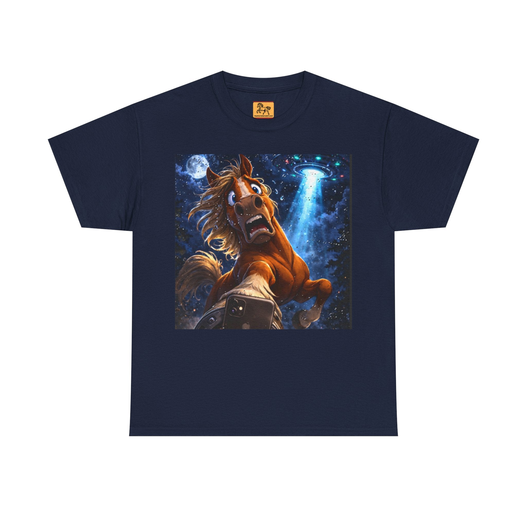 Black t-shirt with a horse taking a selfie on a starry sky with a UFO in the  background