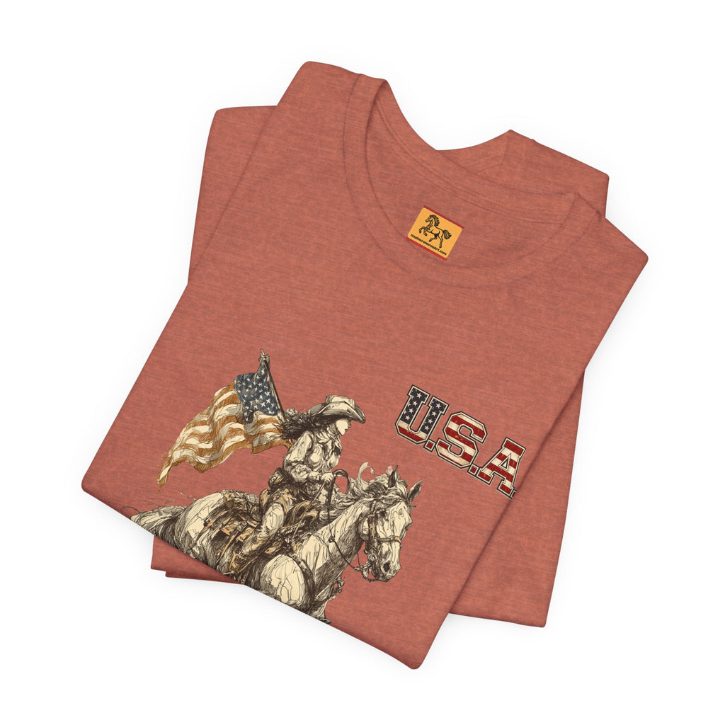 USA Flag & Cowgirl Rider T-Shirt | Patriotic Cowgirl on Horse Graphic Tee