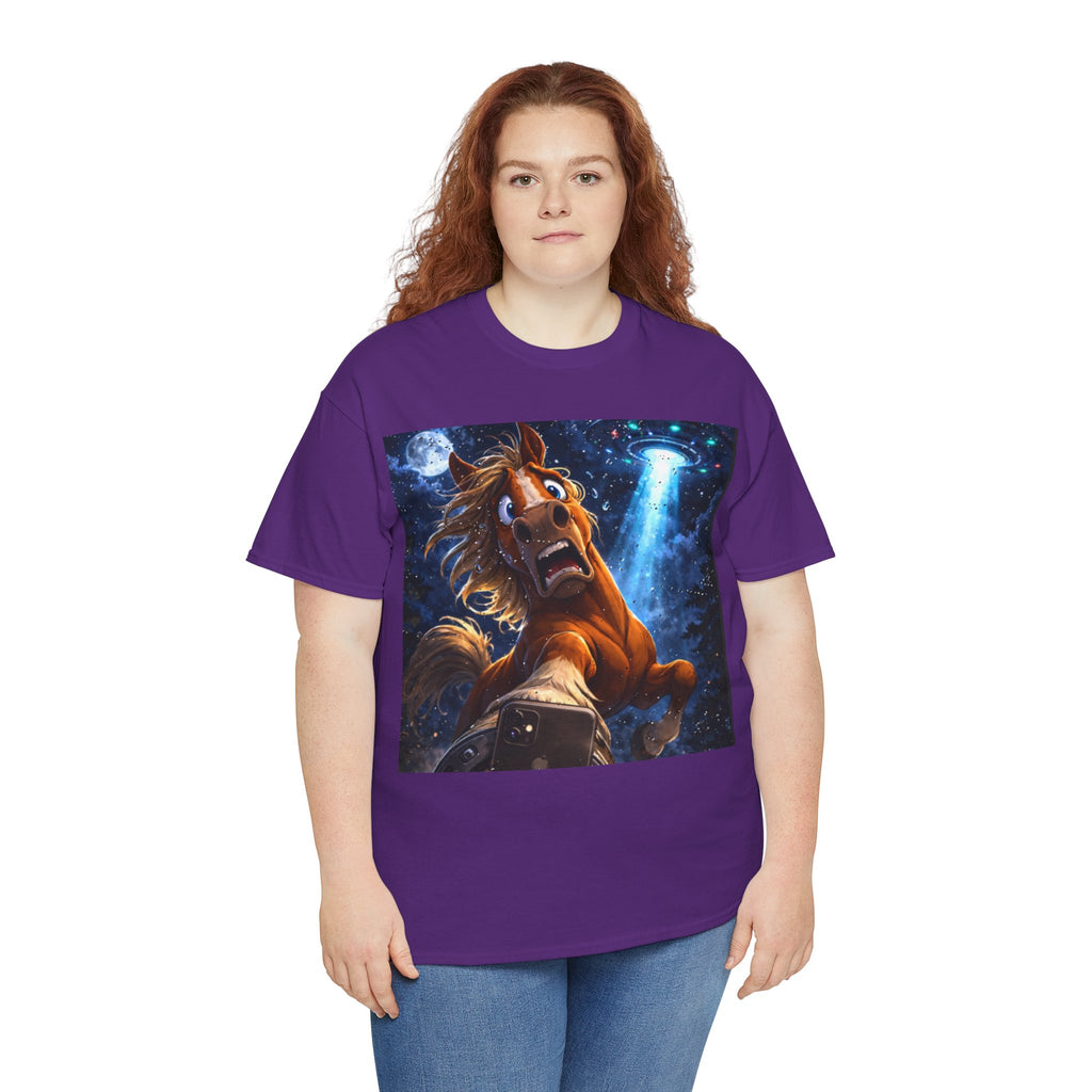 Person wearing a purple t-shirt with a graphic of a horse taking a selfie with a UFO and a starry sky design.  Funny Tee.