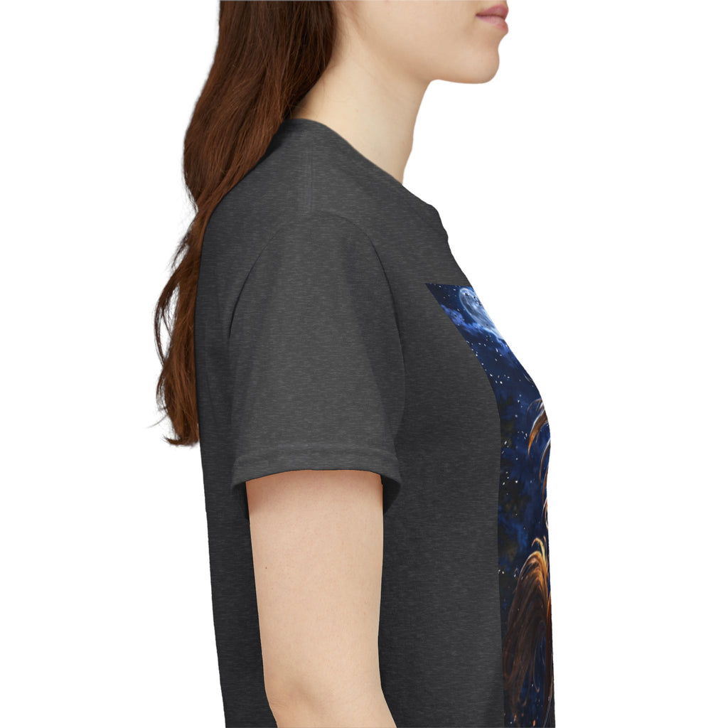 Person wearing a dark gray t-shirt with a colorful graphic Horse UFO Selfie design on the chest.