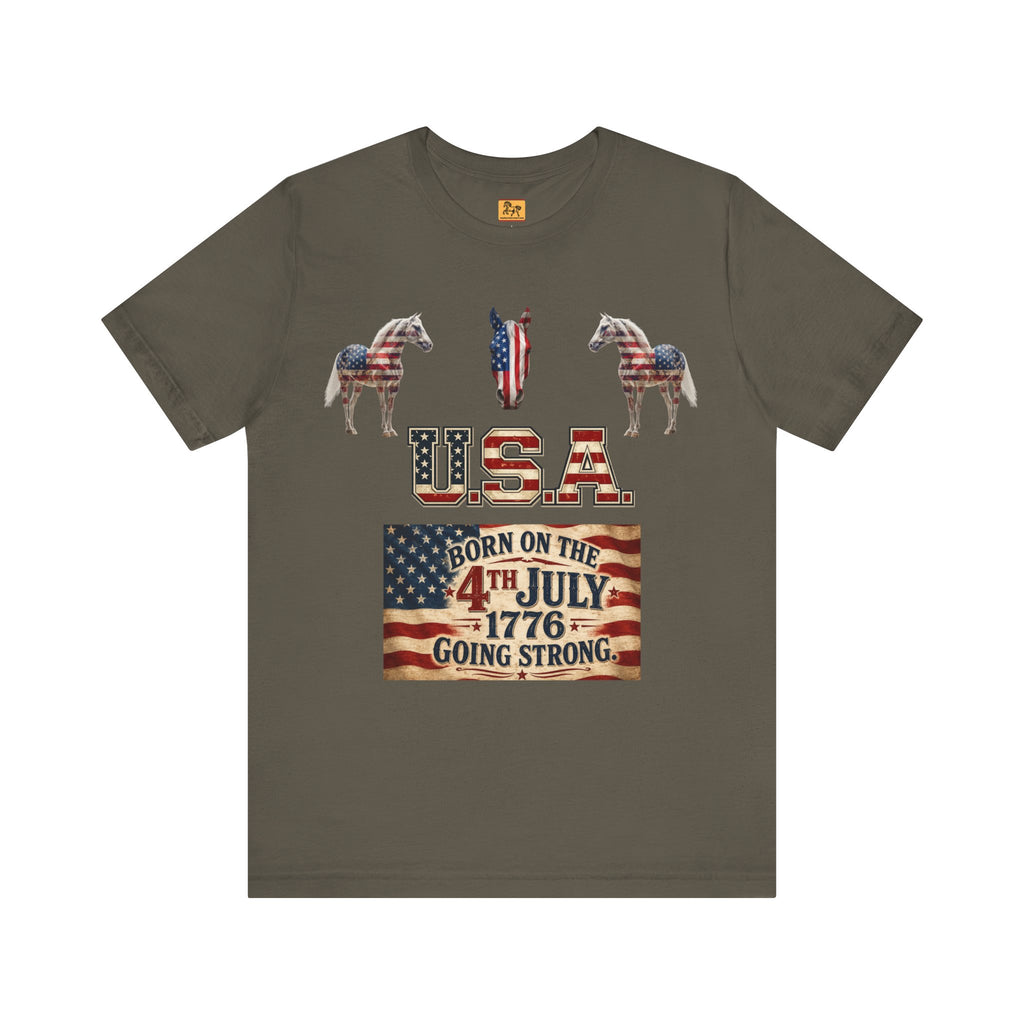 4th of July 1776 patriotic horse t-shirt with flag-draped horse and retro "Born on the 4th July 1776 Going Strong" Americana artwork — unisex tee by Hay There Horse Art