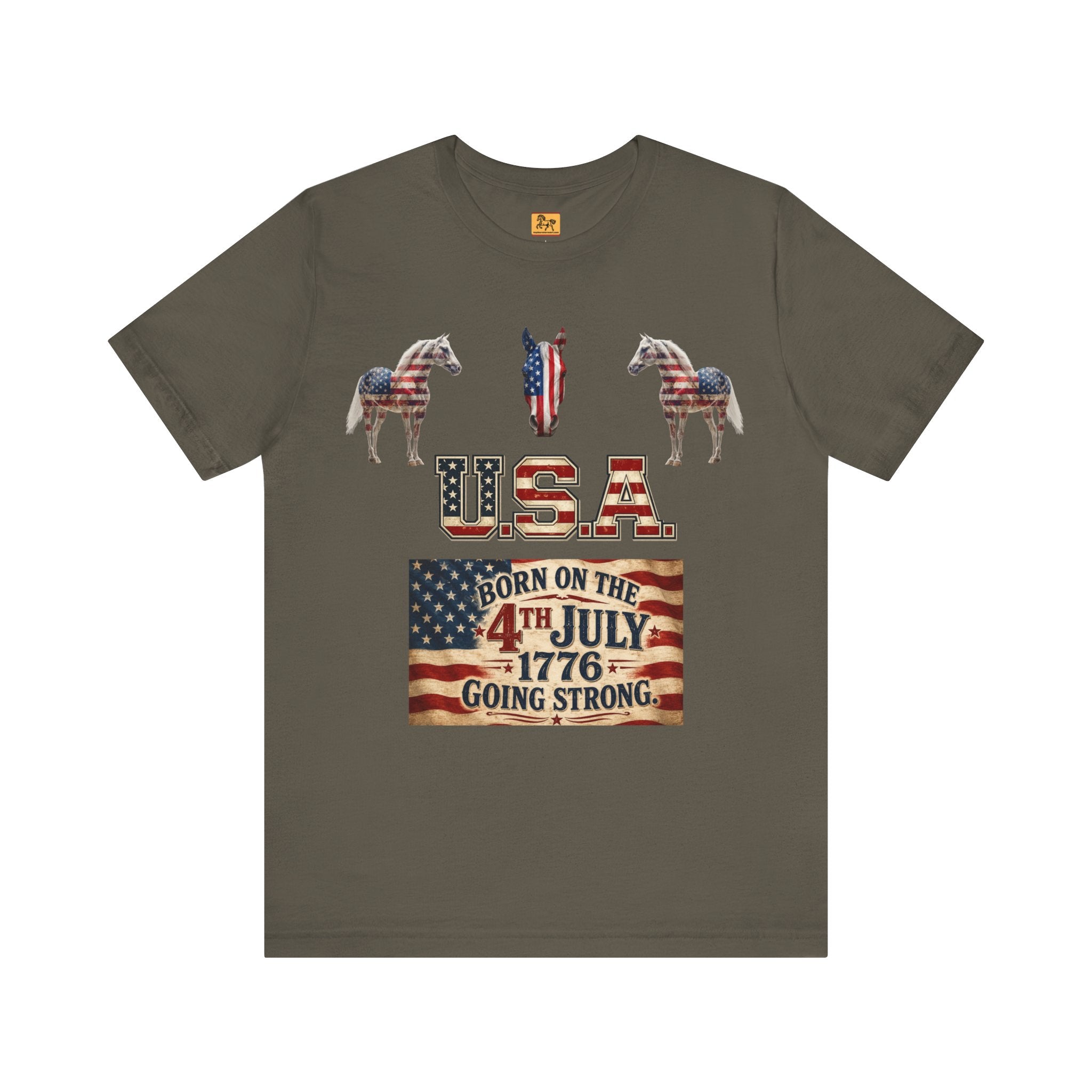 4th of July 1776 patriotic horse t-shirt with flag-draped horse and retro "Born on the 4th July 1776 Going Strong" Americana artwork — unisex tee by Hay There Horse Art