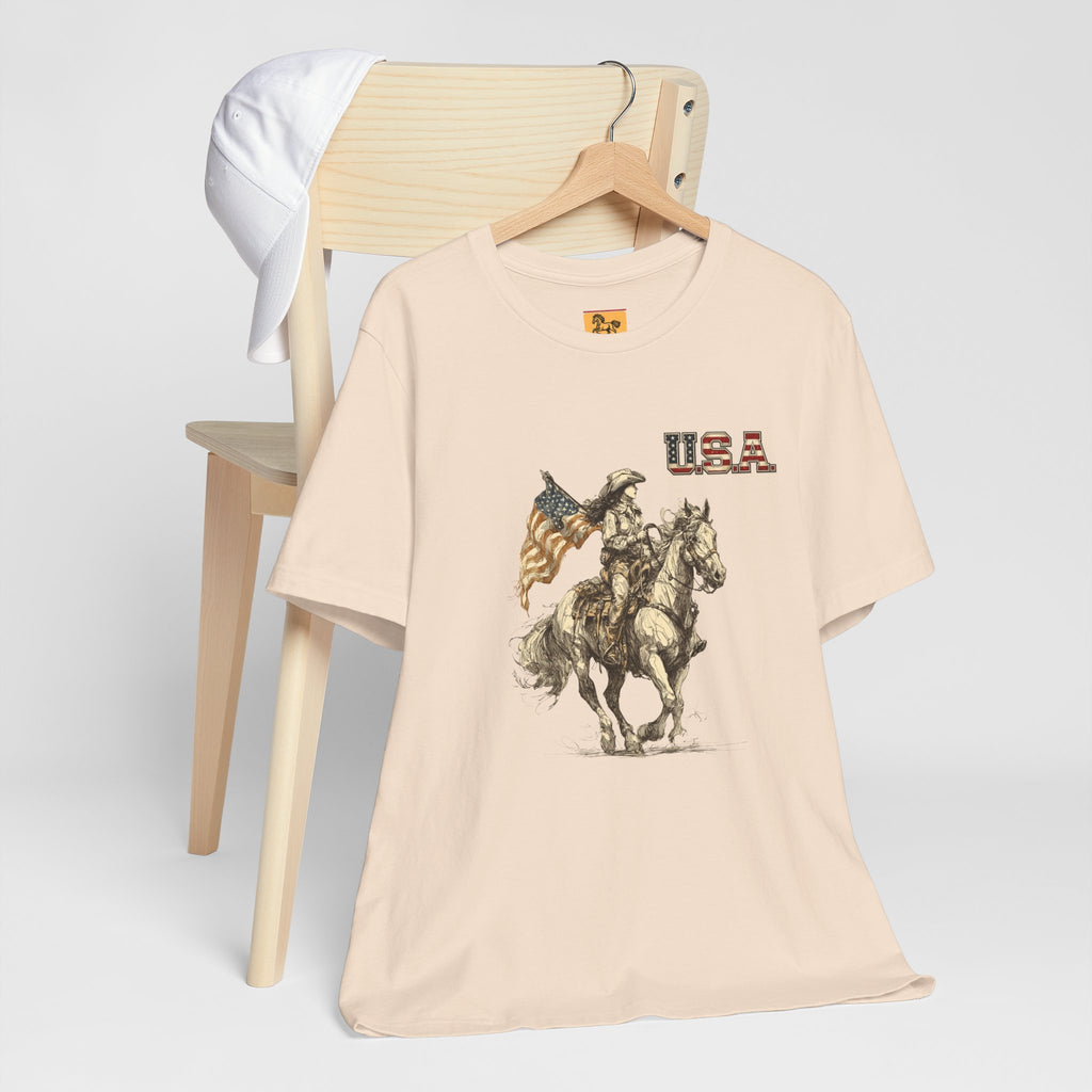 USA Flag & Cowgirl Rider T-Shirt | Patriotic Cowgirl on Horse Graphic Tee
