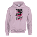 Light pink Time In, Elegance Out hoodie with a black dressage horse and hot pink paint splash