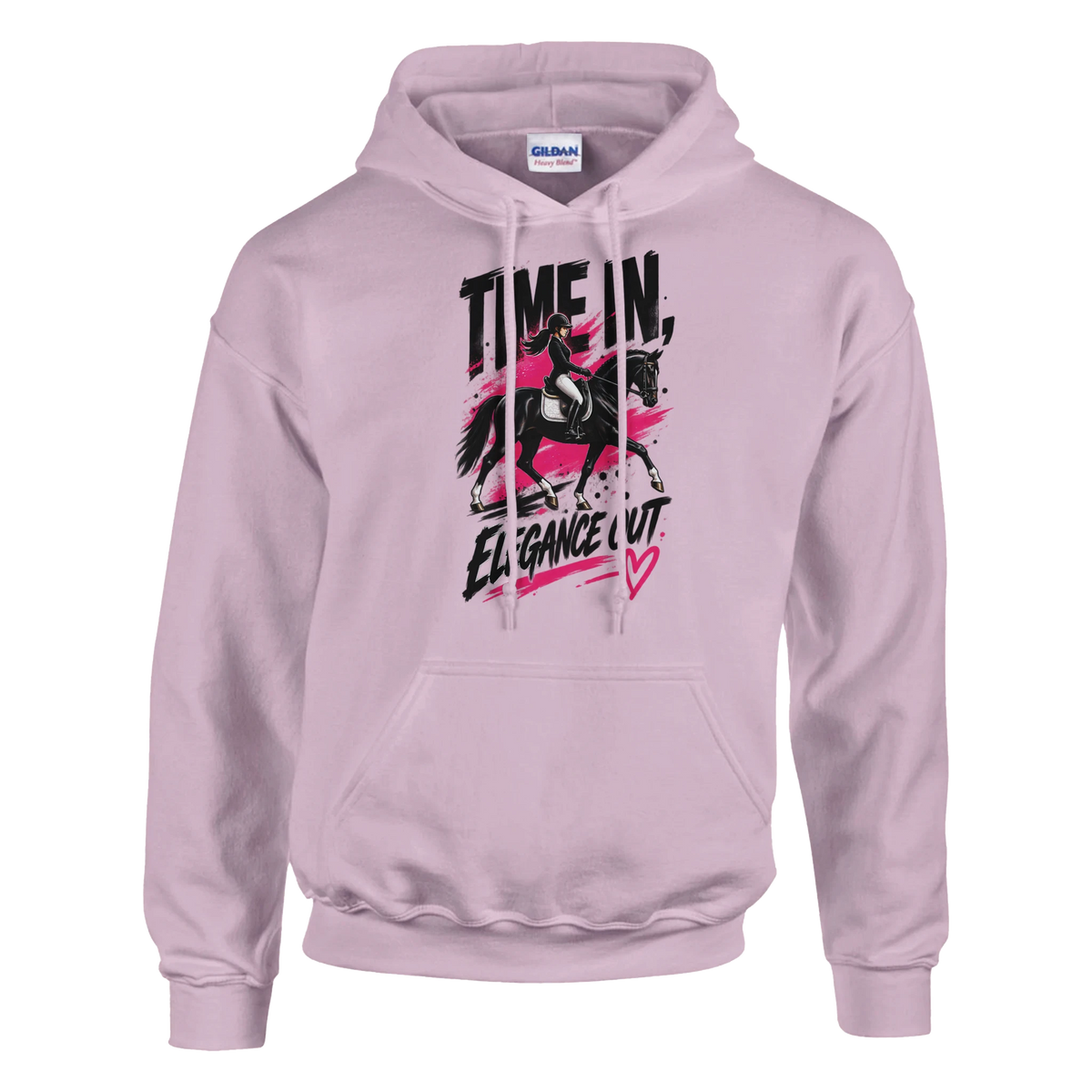 Light pink Time In, Elegance Out hoodie with a black dressage horse and hot pink paint splash