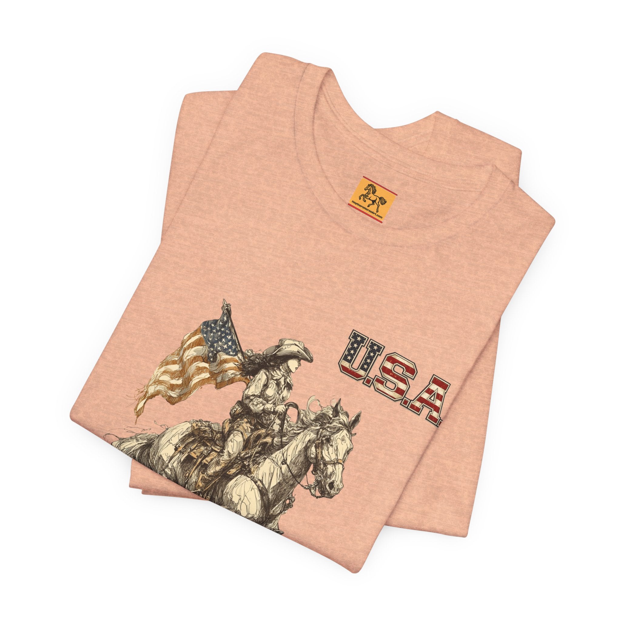 USA Flag & Cowgirl Rider T-Shirt | Patriotic Cowgirl on Horse Graphic Tee