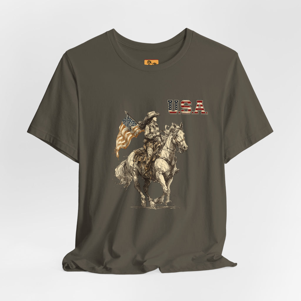 USA Flag & Cowgirl Rider T-Shirt | Patriotic Cowgirl on Horse Graphic Tee