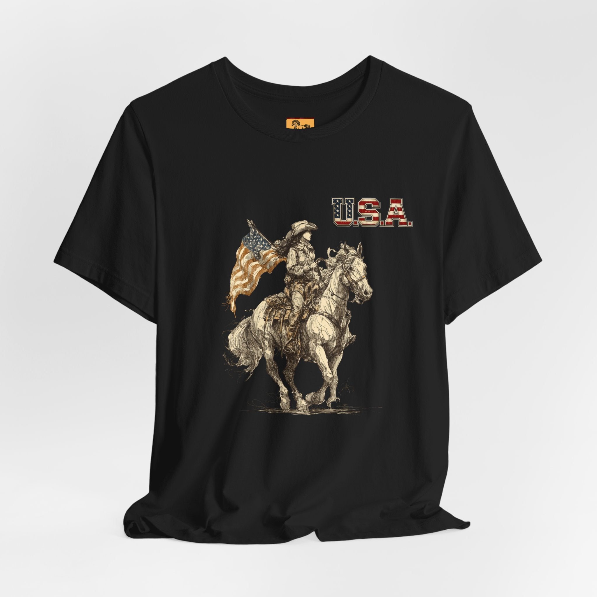 USA Flag & Cowgirl Rider T-Shirt | Patriotic Cowgirl on Horse Graphic Tee