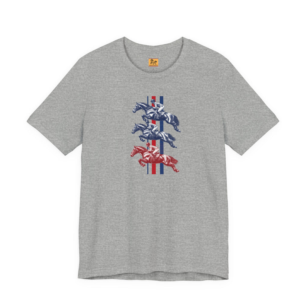 Vintage Show Jumping Horses T‑Shirt UK Red White Blue Equestrian Tee for Riders & Owners