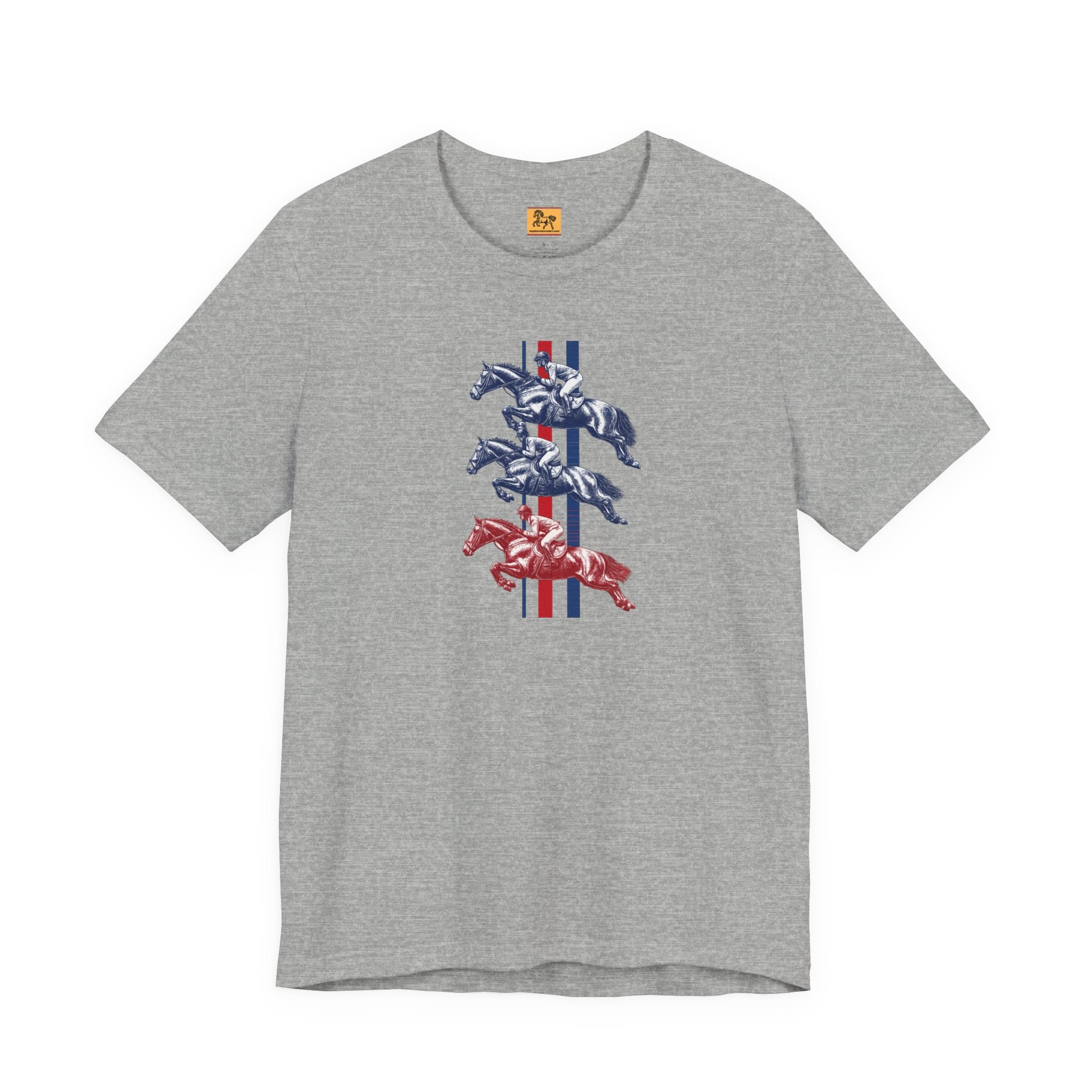 Vintage Show Jumping Horses T‑Shirt UK Red White Blue Equestrian Tee for Riders & Owners