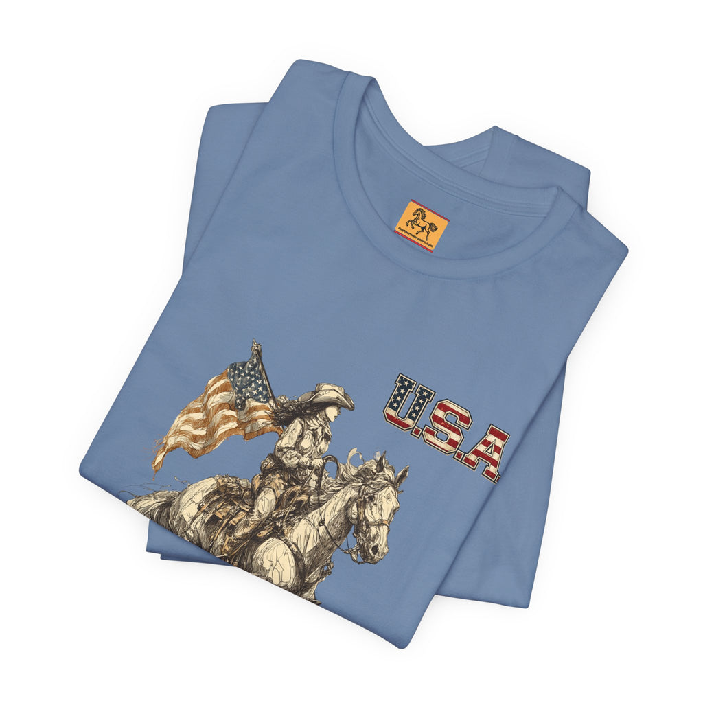 USA Flag & Cowgirl Rider T-Shirt | Patriotic Cowgirl on Horse Graphic Tee