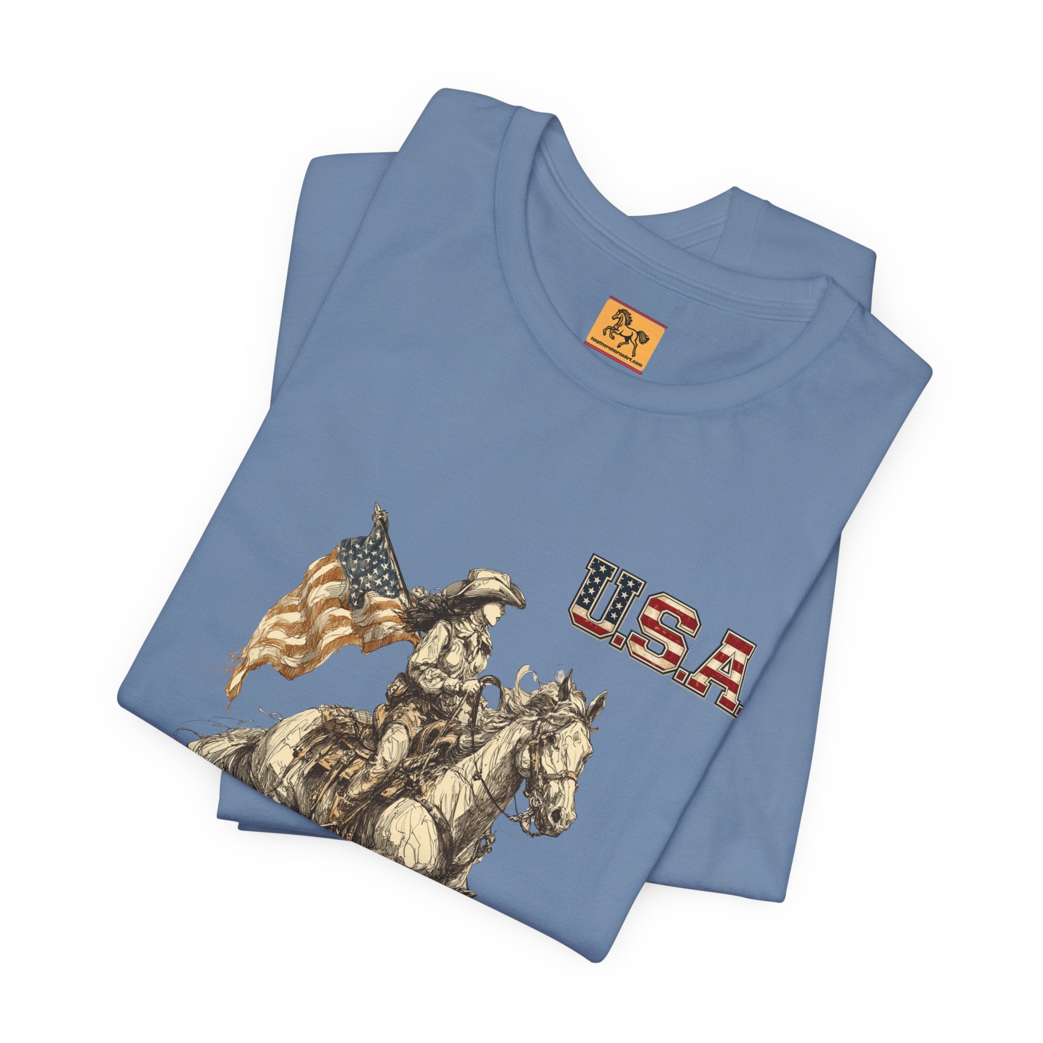 USA Flag & Cowgirl Rider T-Shirt | Patriotic Cowgirl on Horse Graphic Tee