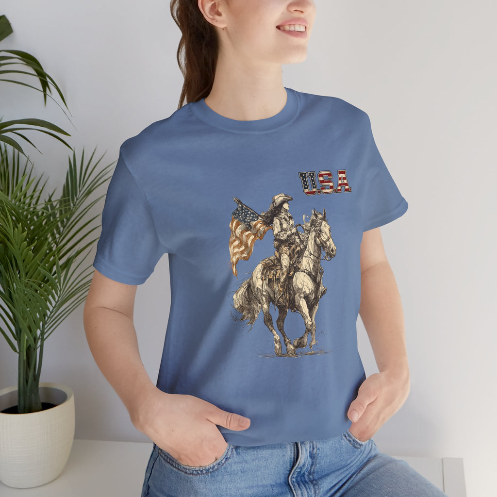 USA Flag & Cowgirl Rider T-Shirt | Patriotic Cowgirl on Horse Graphic Tee