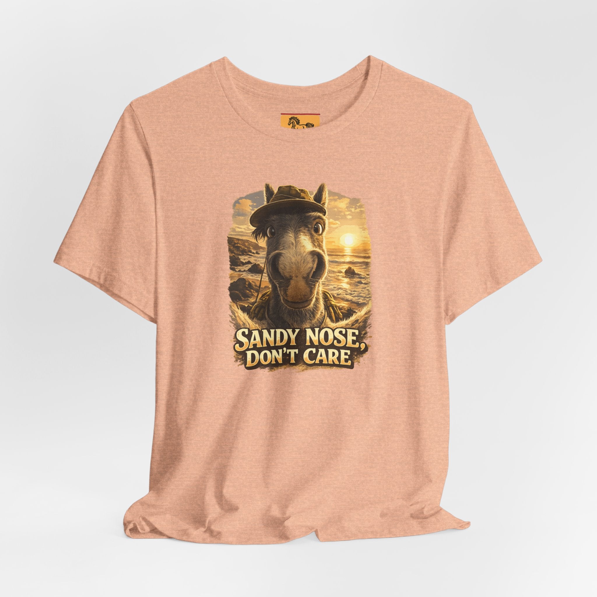 Sandy nose, don't care. A cheeky horse beach selfie tee for horse lovers who live for summer. Super soft Bella + Canvas 3001. Shop now at Hay There Horse Art.