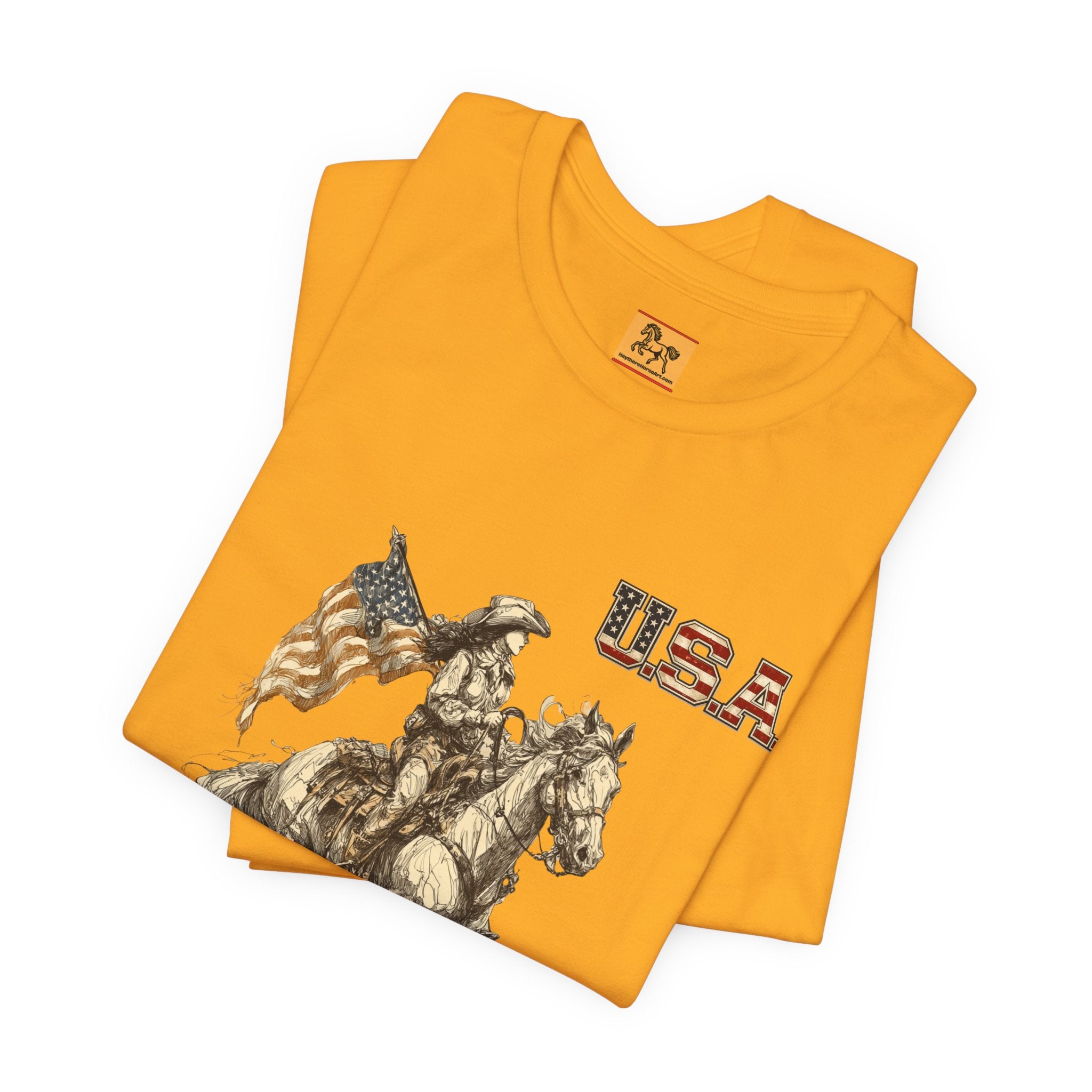 USA Flag & Cowgirl Rider T-Shirt | Patriotic Cowgirl on Horse Graphic Tee