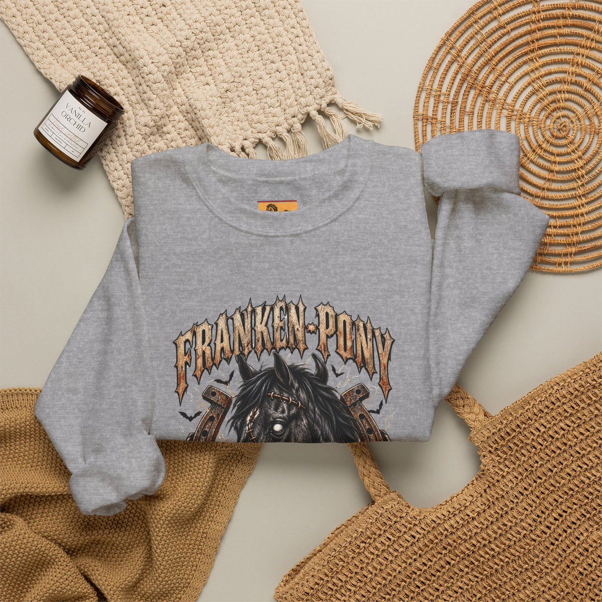 Franken-Pony Stables Est. 1818 Halloween Sweatshirt Gothic Horse Crest Crewneck