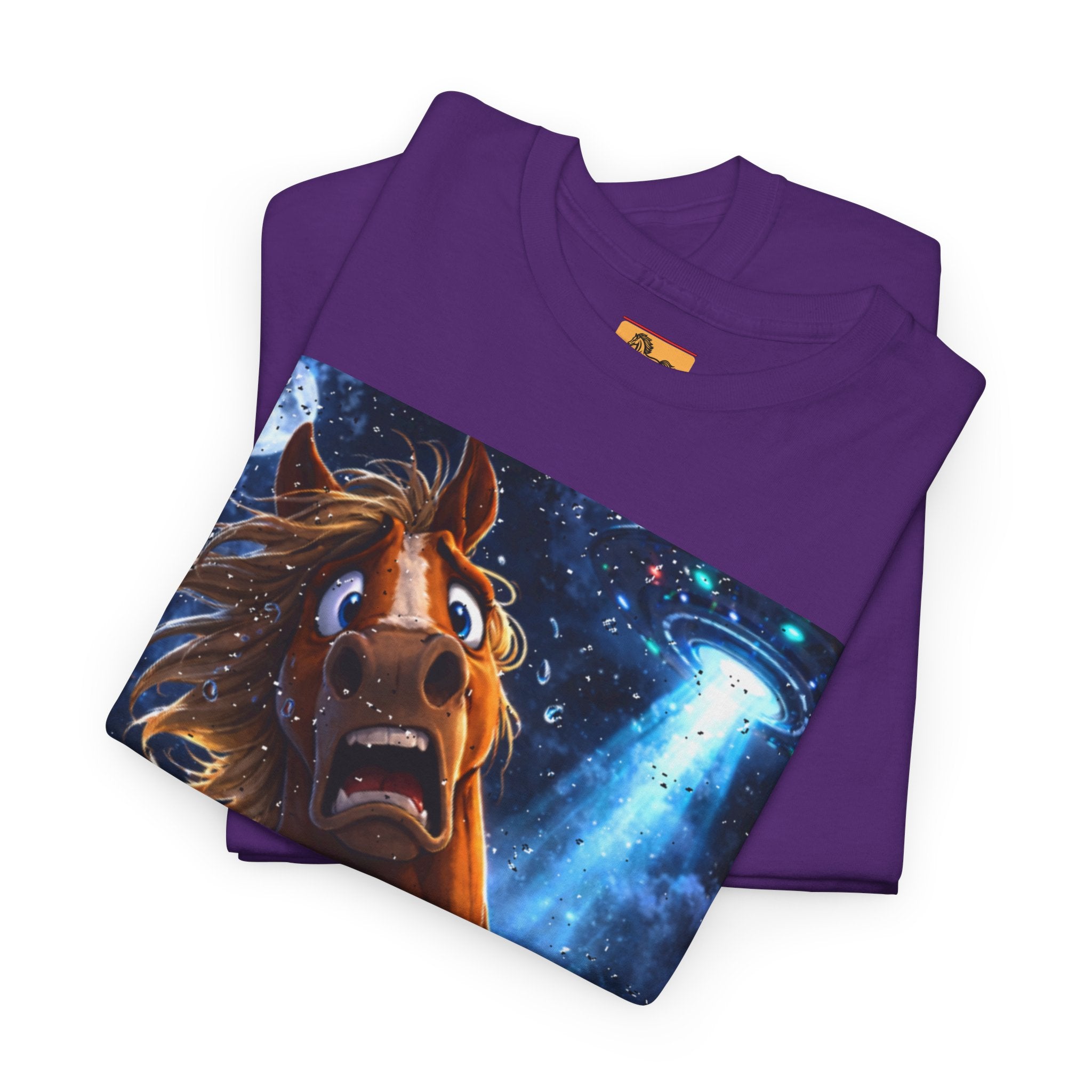 Folded purple t-shirt with a horse taking a selfie with a UFO graphic funny tee