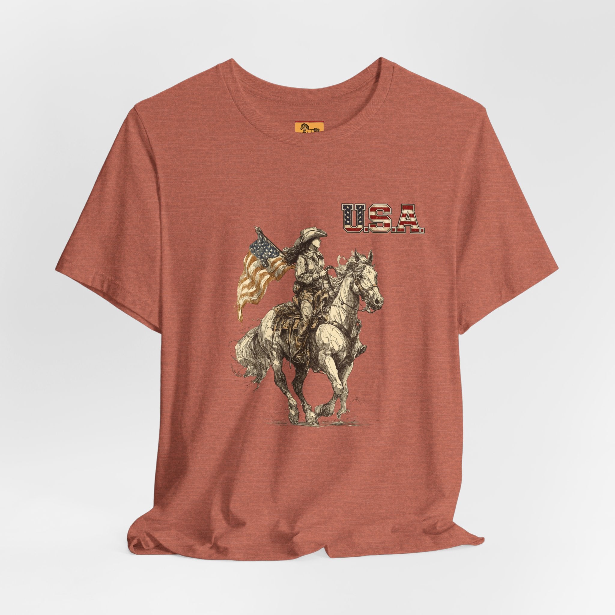 USA Flag & Cowgirl Rider T-Shirt | Patriotic Cowgirl on Horse Graphic Tee