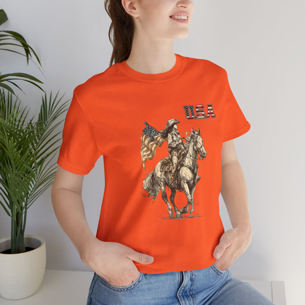 USA Flag & Cowgirl Rider T-Shirt | Patriotic Cowgirl on Horse Graphic Tee