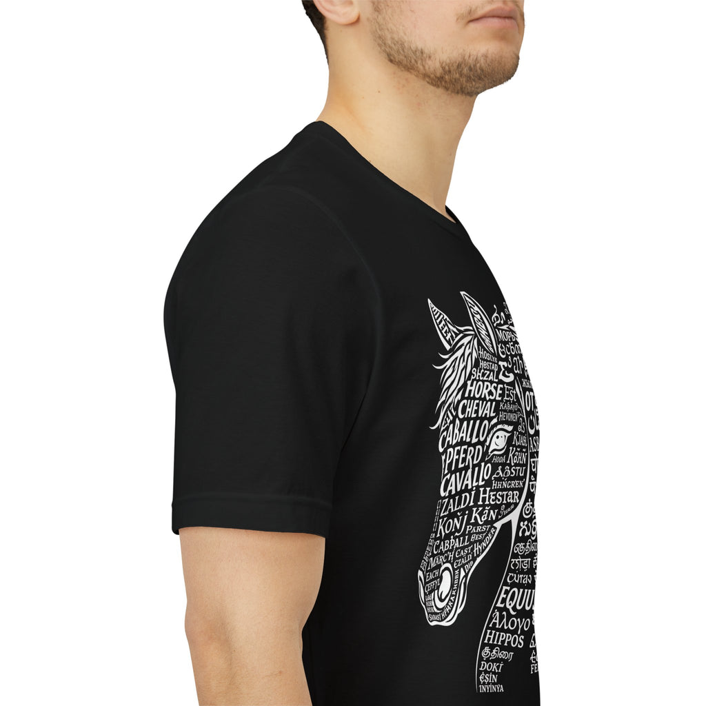 Horse design T Shirt created from the word horse in many languages Unique Horse Lover Gift Equestrian Art Tee