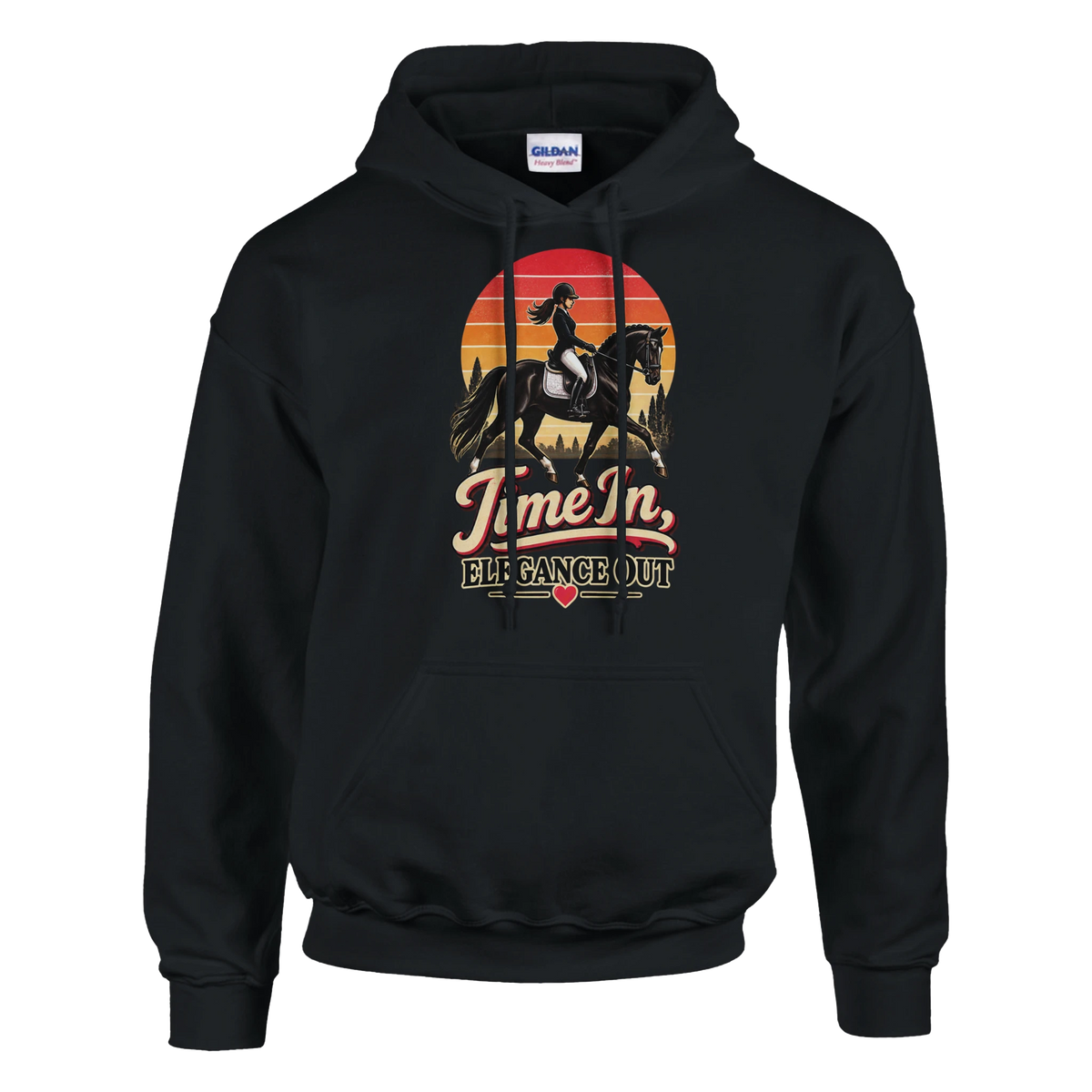 Black retro sunset dressage hoodie, a gift for horse riders
