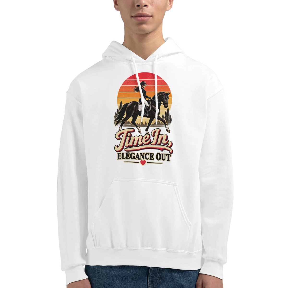 Time In, Elegance Out retro sunset dressage hoodie by Hay There Horse Art, view 13