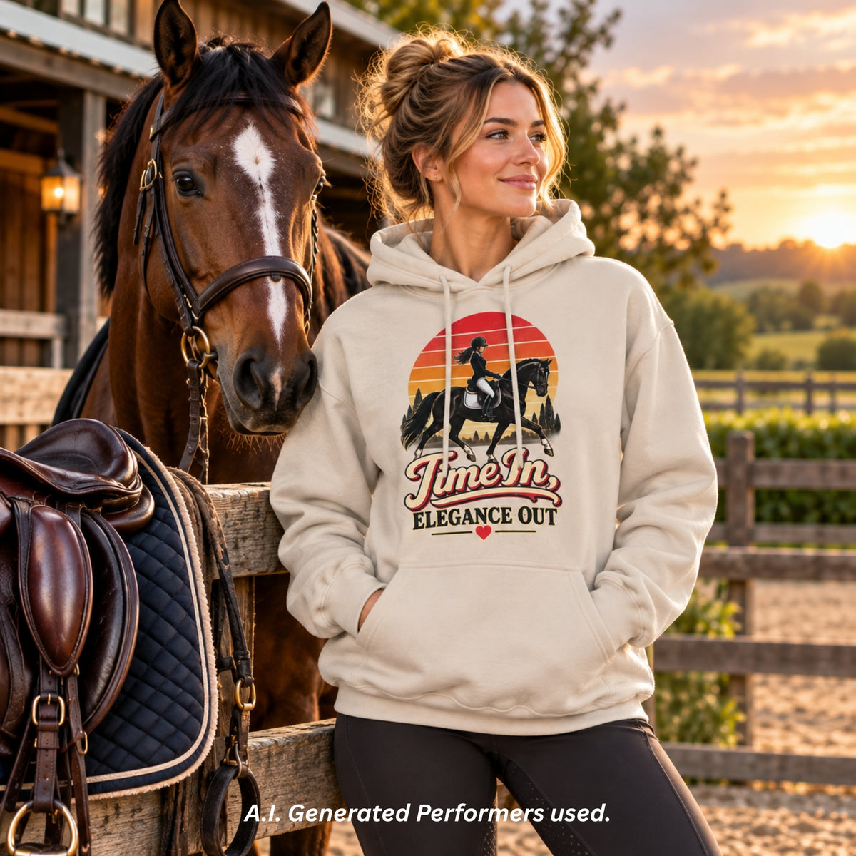 Time In, Elegance Out Retro Sunset Dressage Hoodie Vintage Equestrian Sweatshirt Gift