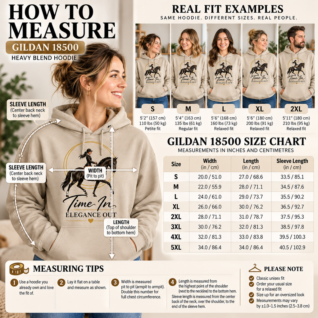 A measurement guide and size chart for the Gildan 18500 Heavy Blend Hoodie, featuring a large 'HOW TO MEASURE' section with instructions, a size chart table, and 'REAL FIT EXAMPLES' showing models wearing hoodies from S to 5XL.
