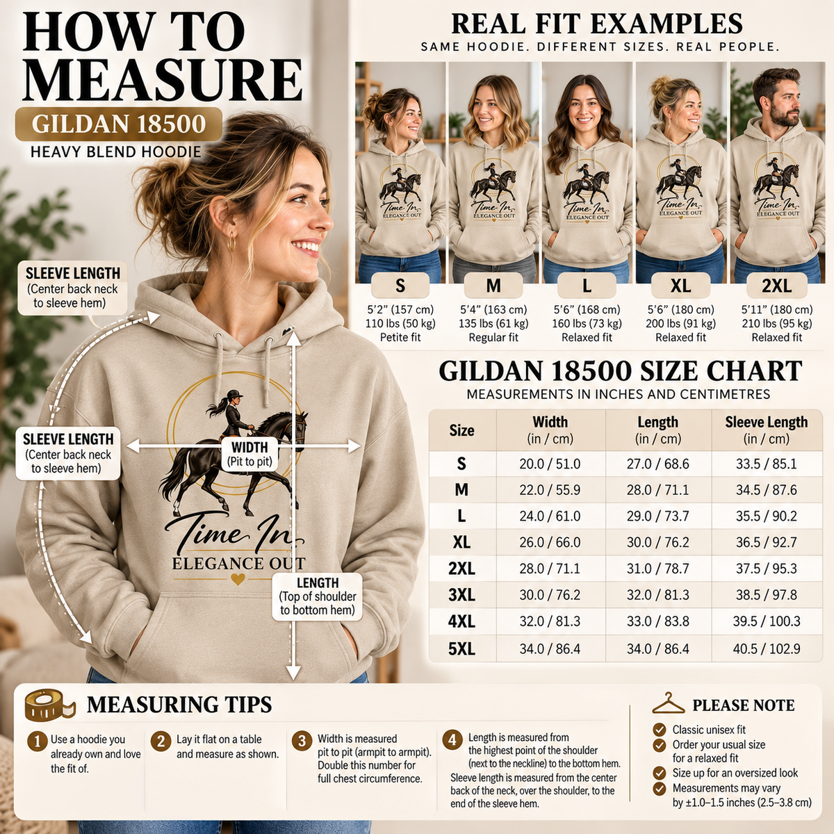 A measurement guide and size chart for the Gildan 18500 Heavy Blend Hoodie, featuring a large 'HOW TO MEASURE' section with instructions, a size chart table, and 'REAL FIT EXAMPLES' showing models wearing hoodies from S to 5XL.