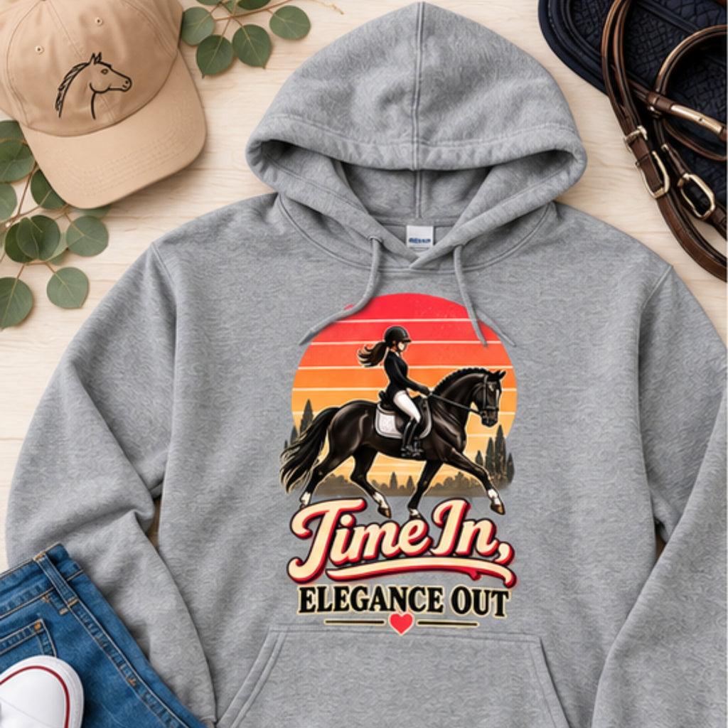 Time In, Elegance Out Retro Sunset Dressage Hoodie Vintage Equestrian Sweatshirt Gift