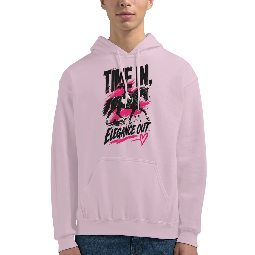 Light pink Time In, Elegance Out grunge dressage hoodie by Hay There Horse Art, view 11