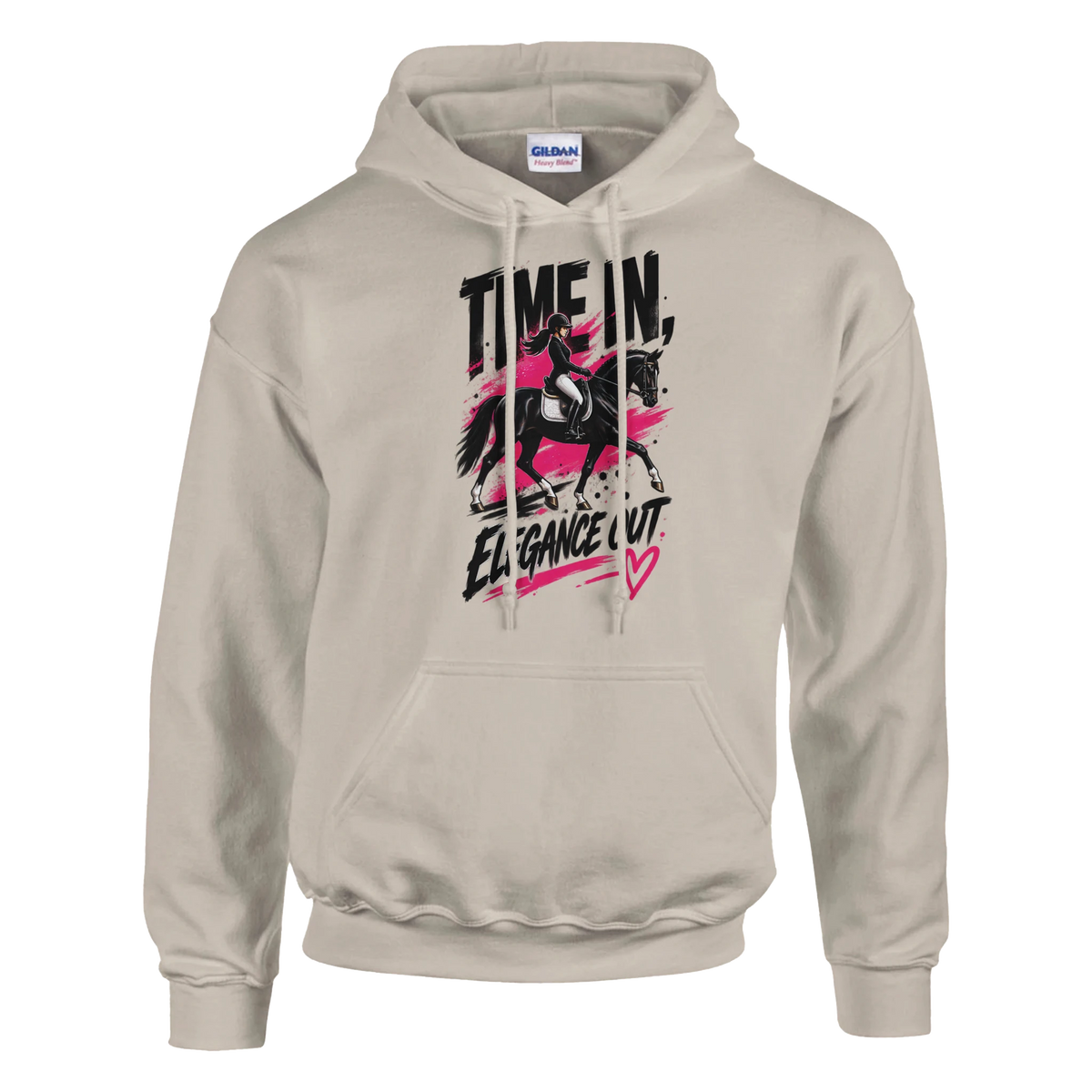 Sand grunge dressage hoodie with bold black brushstroke lettering and a pink heart