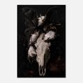 Gothic vanitas metal wall art print of three albino bats and a weathered horse skull with glowing eye sockets, surrounded by dried botanicals and cobwebs on a black background, Dutch Golden Age still life style, brushed aluminum print