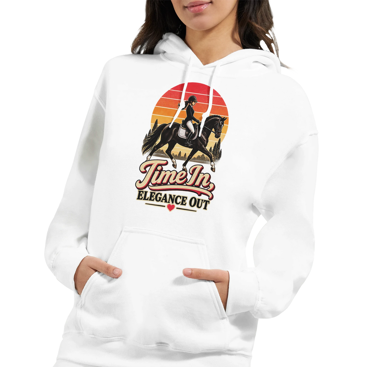 Time In, Elegance Out retro sunset dressage hoodie by Hay There Horse Art, view 8