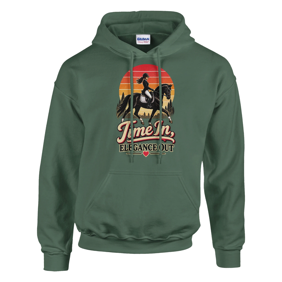 Military Green vintage equestrian hoodie with a sunset dressage design