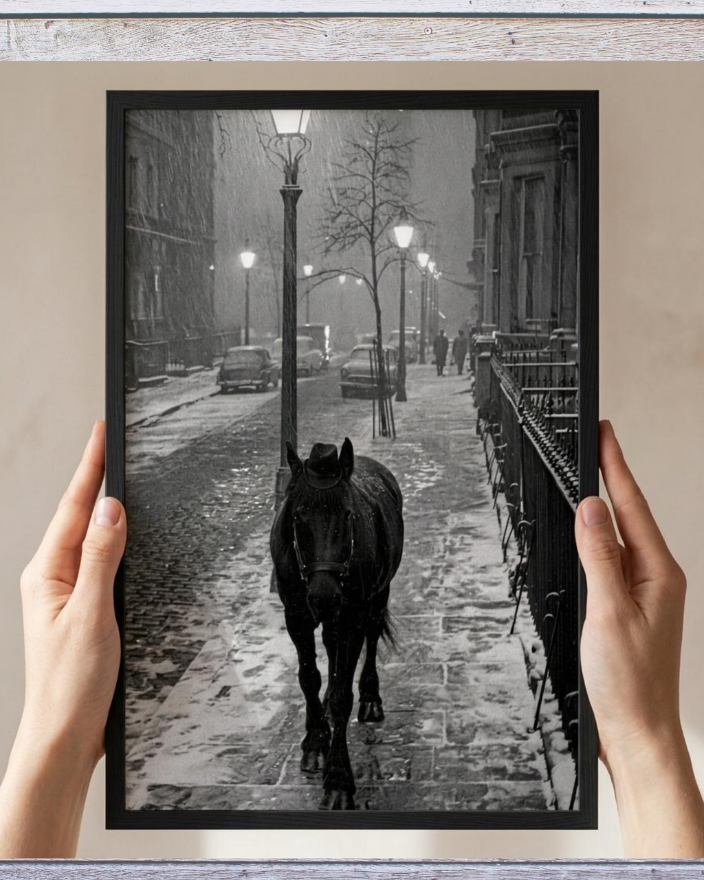 Premium Matte Paper Wooden Framed Poster Film Noir Black & White Horse Retro Street Scene